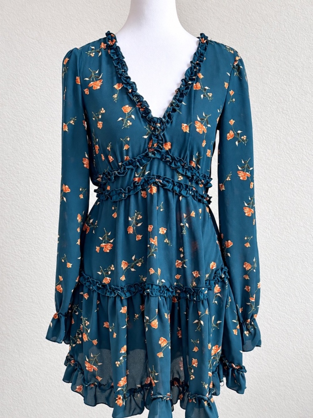 Inspired Hearts Teal Floral Ruffle Mini Dress Long Sleeve Boho Western Sz Small - Picture 2 of 11